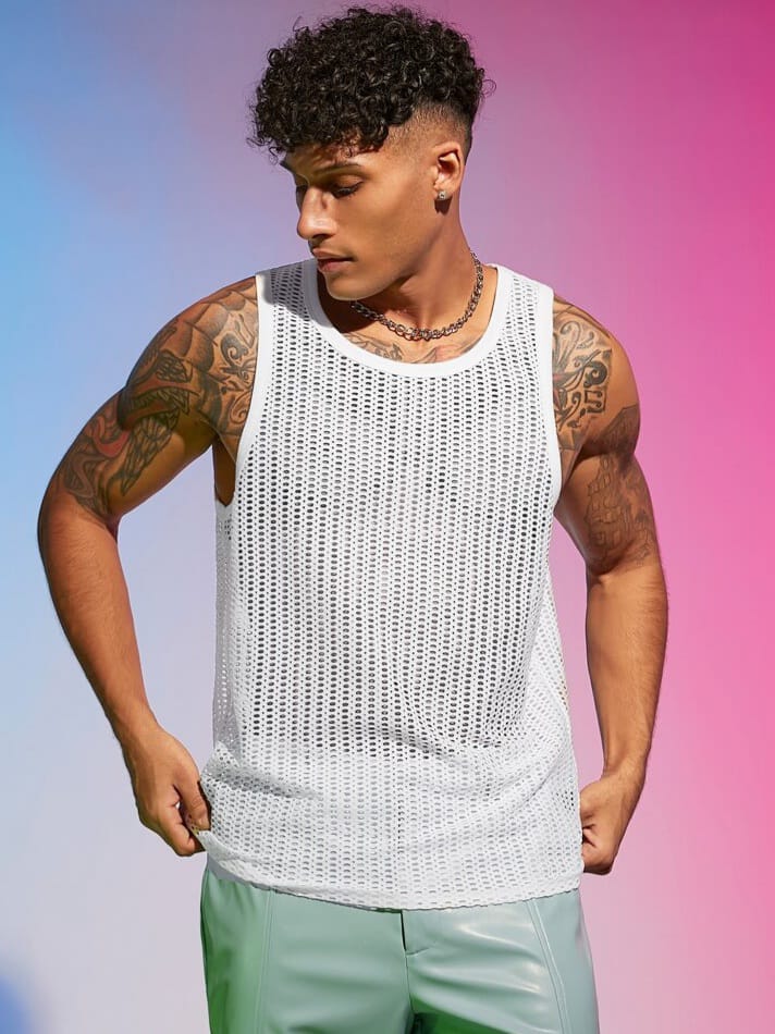 Men's Solid Hollow Out Rave Outfit Tank-Top
